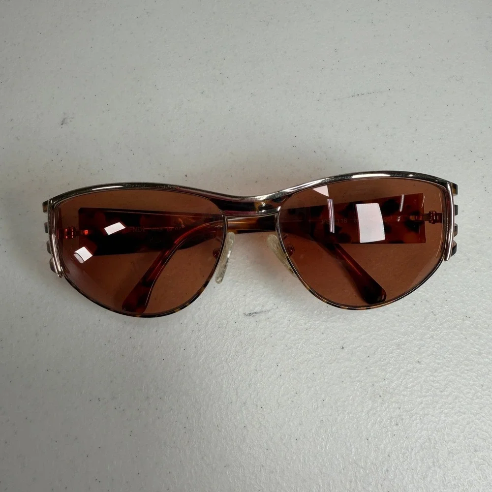 VTG Y2K Fendi Sunglasses FS 118 Tortoise Gold Shield Wrap Made in Italy Vintage
